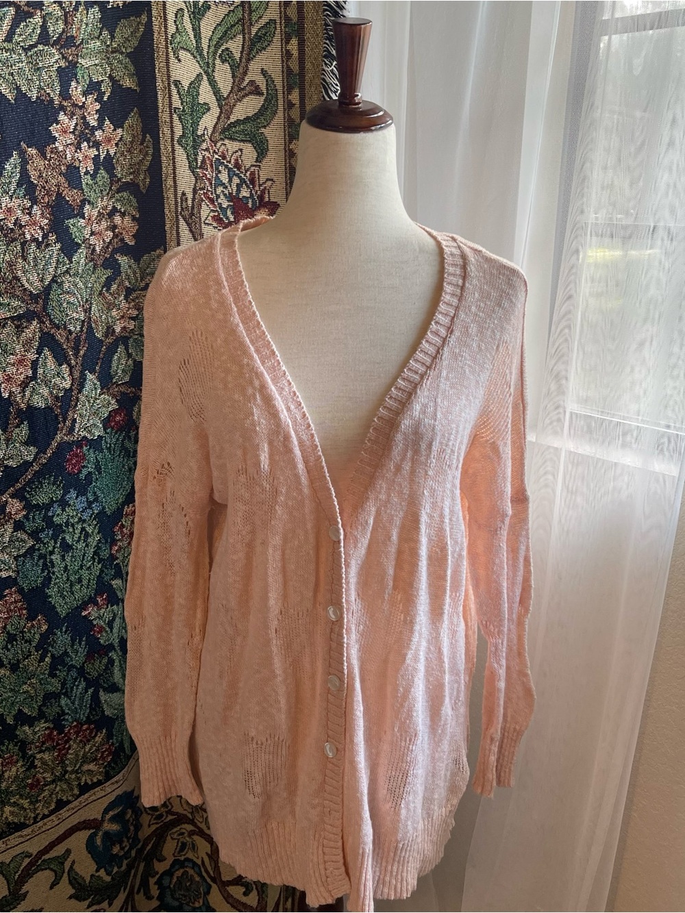 Pastel Pink Knit Cardigan with Heart Pattern, Long Sleeves, Button Up Front